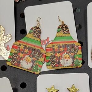 Serape Santa Cow Tag Dangle Earrings